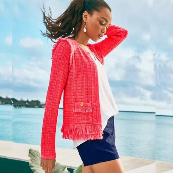 Lilly Pulitzer Neon Coral Simora Fringe Cardigan Small - Picture 1 of 6